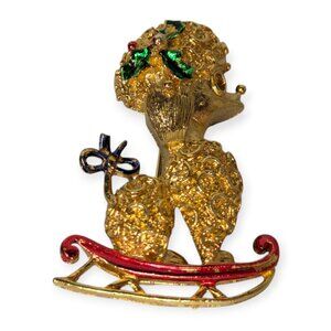 Vintage Christmas Gold Tone Poodle Dog on Sleigh Signed Corel Brooch/Pin